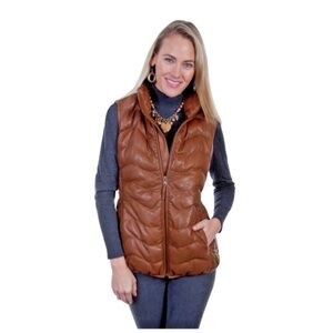 Scully Leather Western Vest Womens Ribbed Cognac Soft Zip Stand Collar Cowgirl